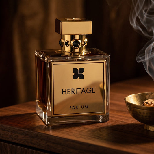 Fragrance du Bois Heritage Parfume on charcoal slate with a slender oud chip and drifting incense smoke