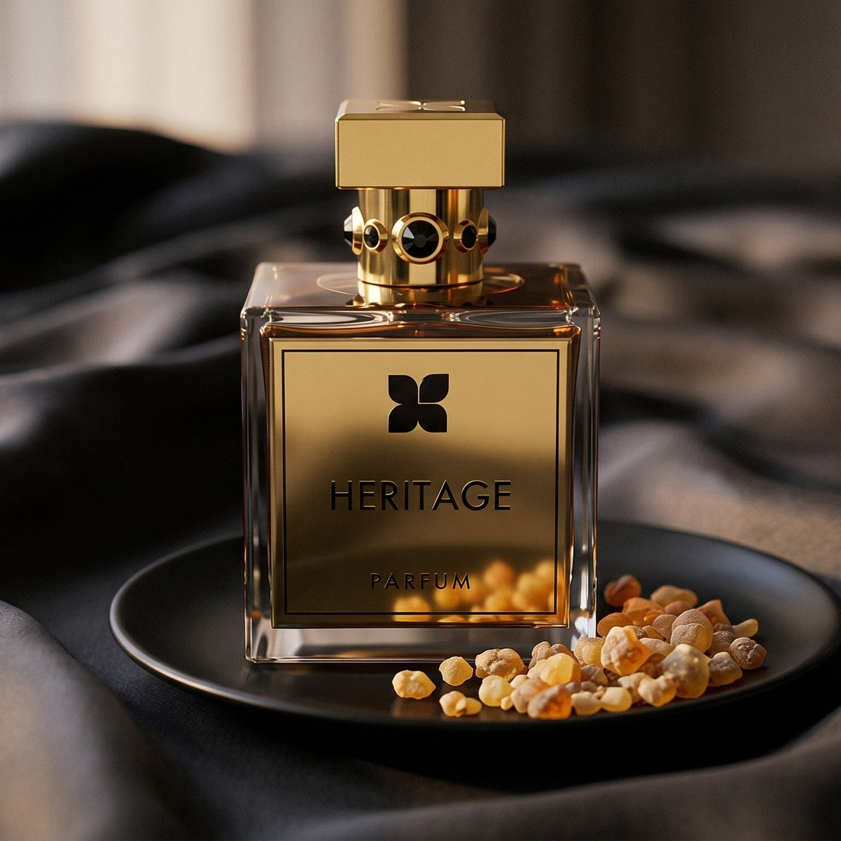 Fragrance Du Bois Heritage Parfum on charcoal raw silk with amber resin pieces near the bottle base
