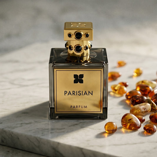 Fragrance du Bois Parisian Parfum EDP on polished limestone with benzoin resin pebbles arranged loosely