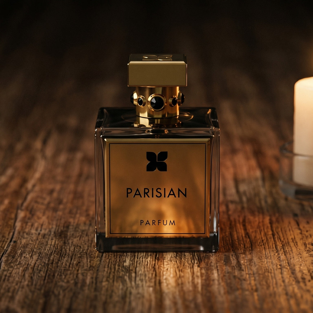 Fragrance Du Bois Parisian Parfum on dark cherrywood with a tall beeswax taper casting warm light