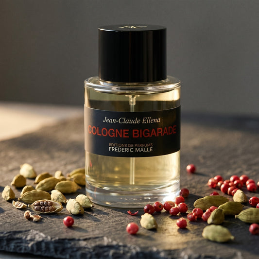 Frederic Malle Cologne Bigarade EDC on slate surface with a handful of dried chili threads near the bottle