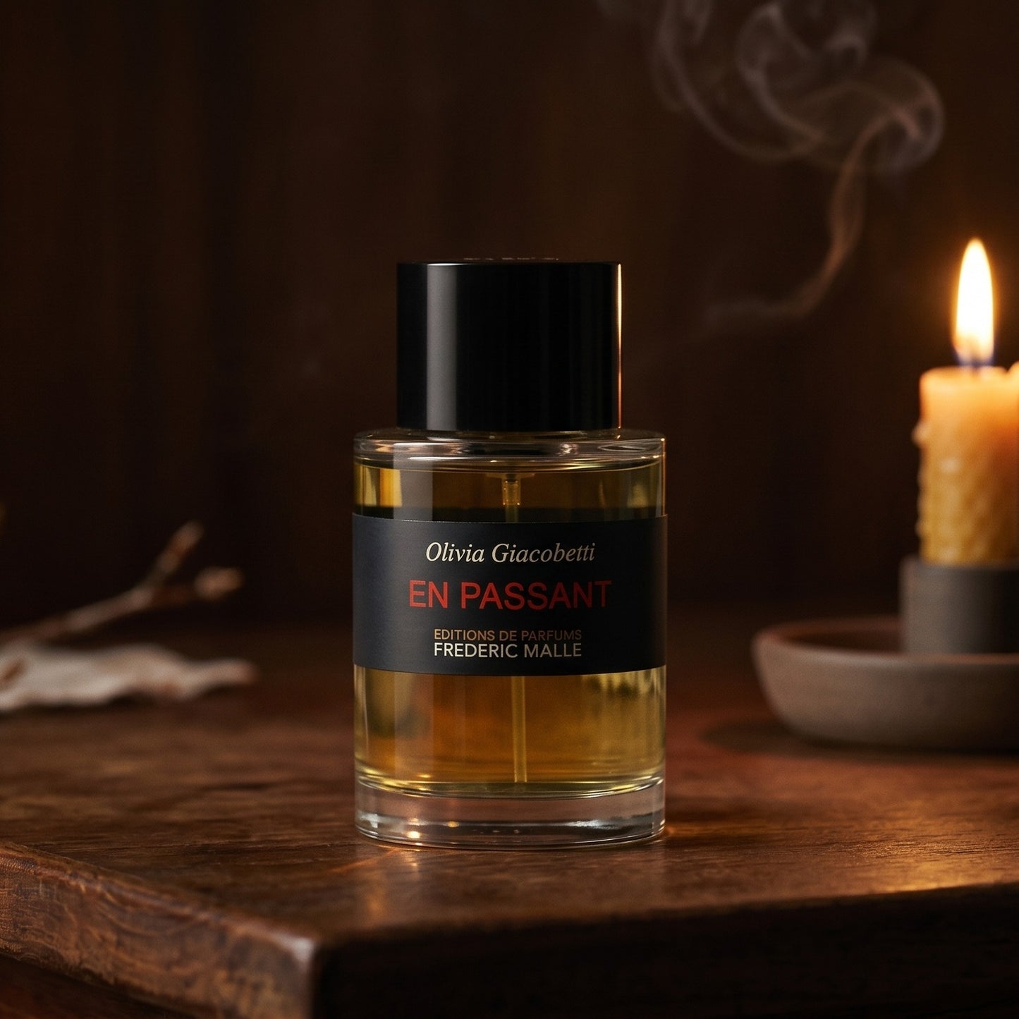 Frederic Malle En Passant EDP on reclaimed oak surface with a glass hurricane lamp softly glowing