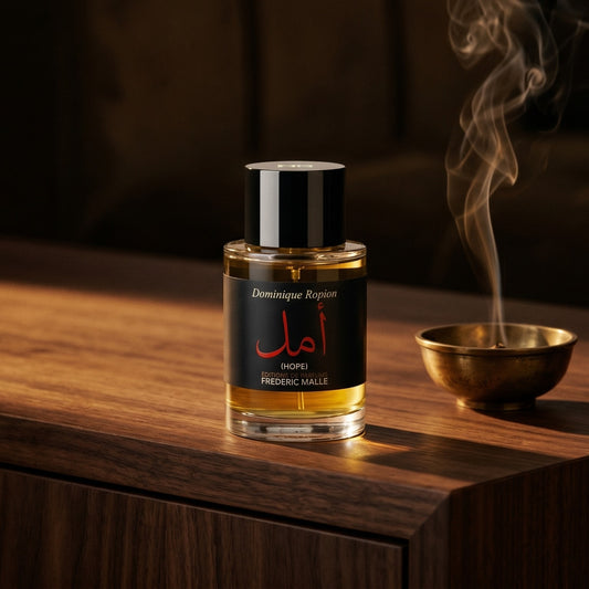Frederic Malle Hope EDP on ebony surface with a hammered copper censer releasing frankincense haze