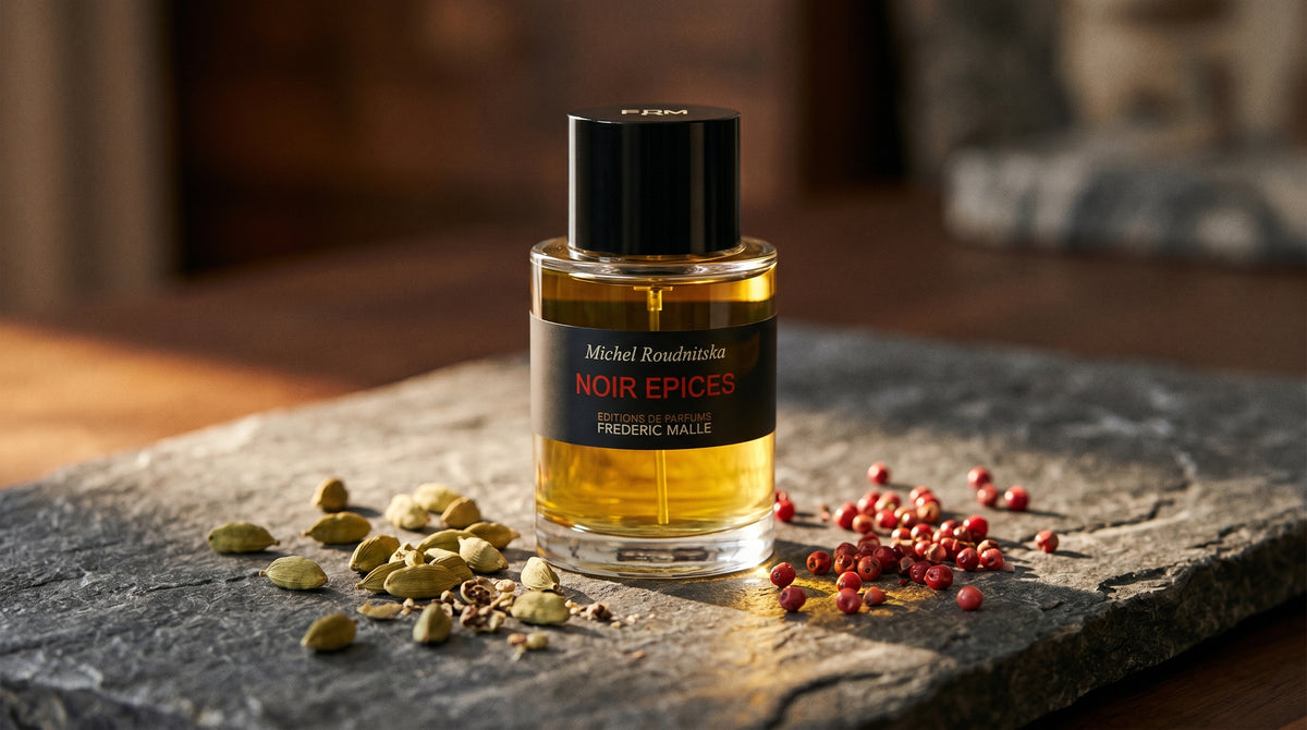 Frederic Malle Noir Epices EDP on dark grey stone slab with cardamom pods and pink peppercorns scattered