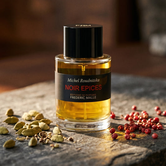 Frederic Malle Noir Epices EDP on charcoal slate with a wooden mortar of crushed juniper berries