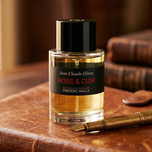 Frederic Malle Rose & Cuir EDP on vintage oxblood leather chair arm with a folded silk scarf
