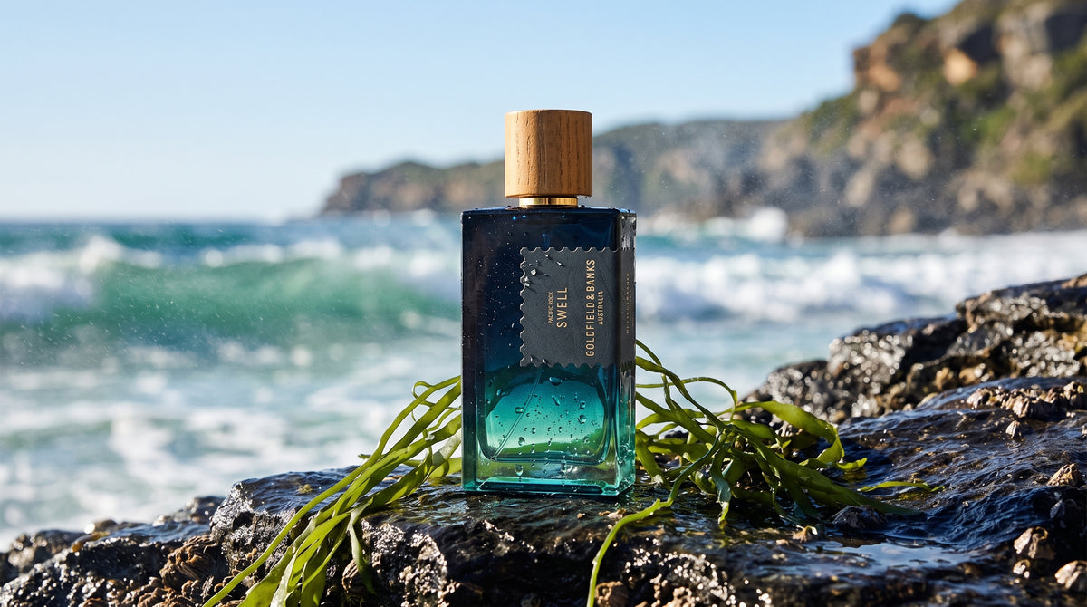 Goldfield & Banks Pacific Rock Swell Extrait de Parfum on wet dark coastal rock with fresh seaweed and sea spray