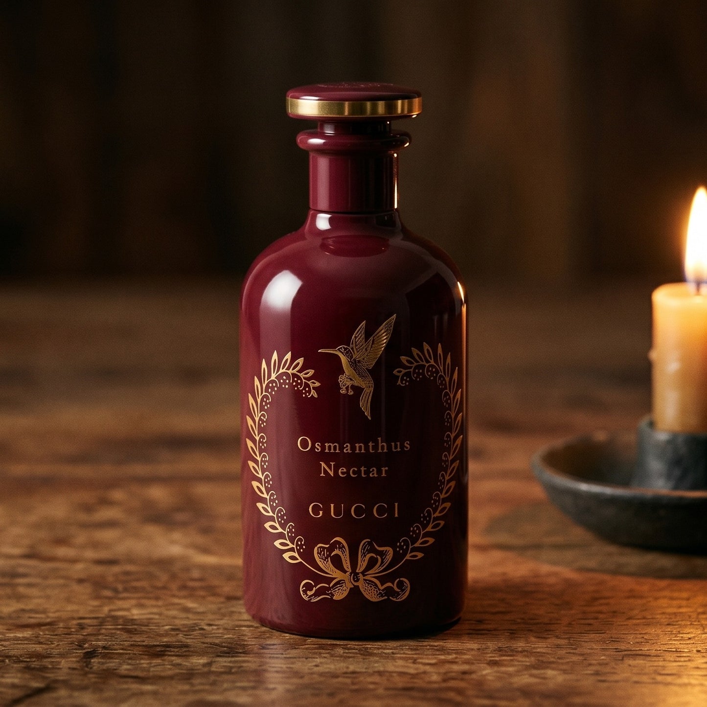 Gucci The Alchemist Garden Osmanthus Nectar EDP on rosewood surface with a squat brass candle flickering nearby