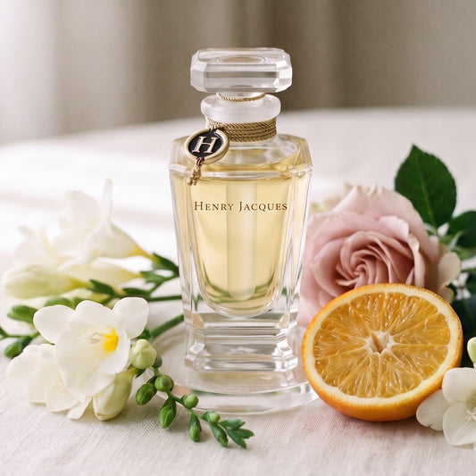 Henry Jacques Still Extrait - Abu Dhabi Exclusive on pale cream linen with freesia, a rose and a bitter orange