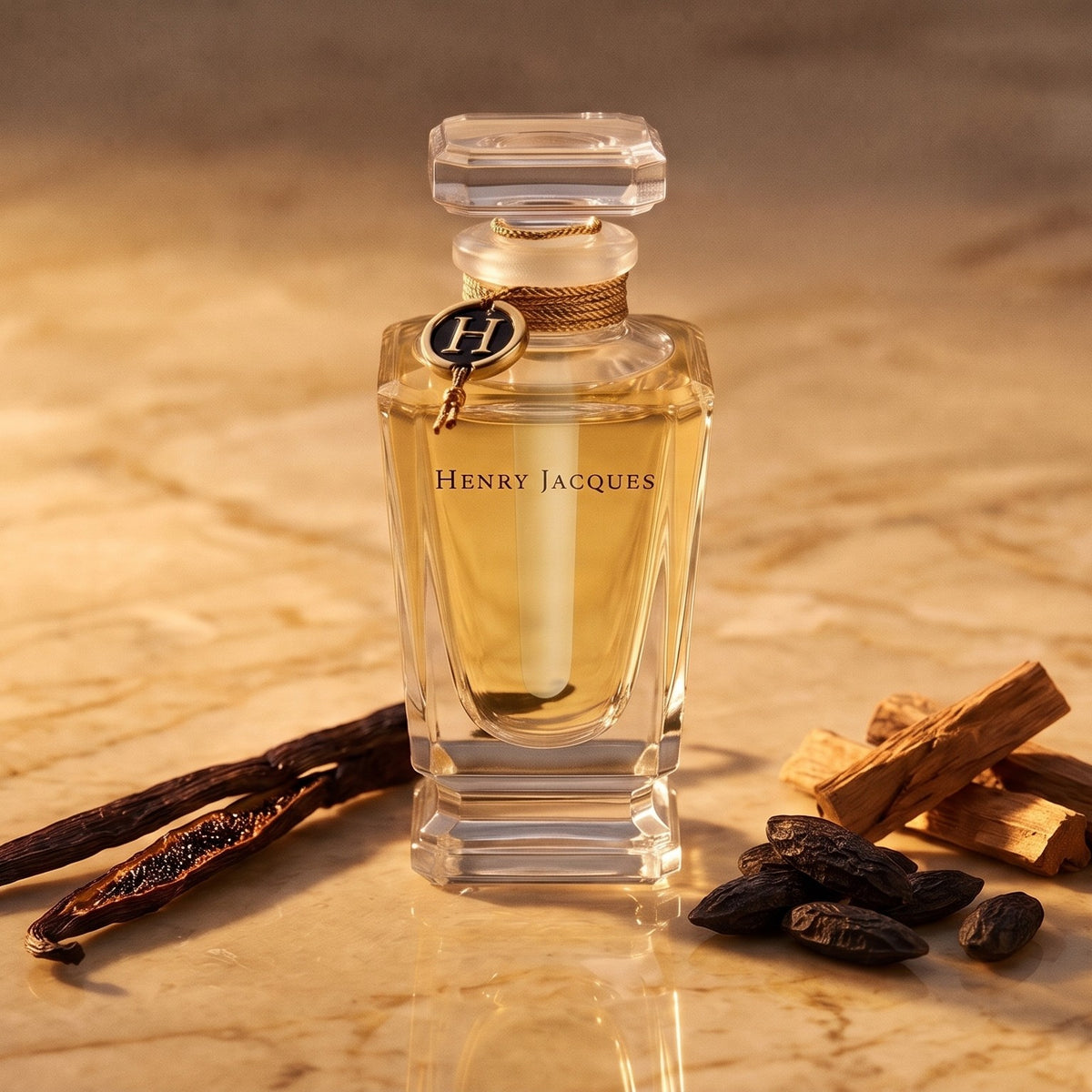 Henry Jacques Still Extrait - Abu Dhabi Exclusive on warm honey coloured marble with vanilla pods, tonka beans and sandalwood