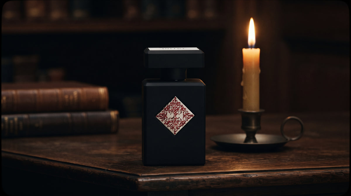 Initio Blessed Baraka EDP on aged teak with a candle burning gently to frame-right