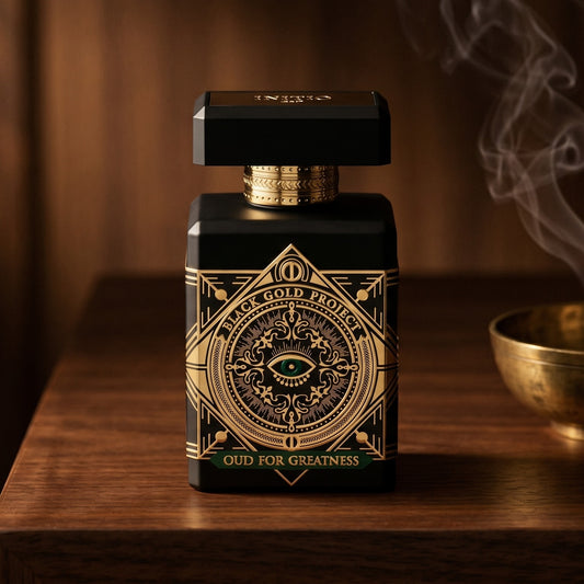 Initio Oud for Greatness NEO EDP on charcoal slate with a slender oud chip and drifting incense smoke