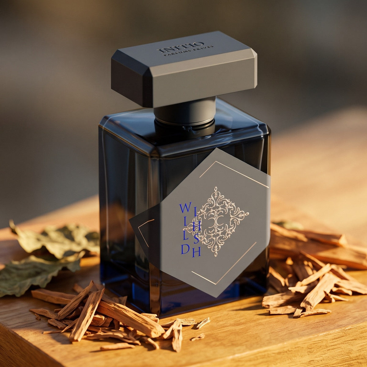 Initio Wild Rush EDP on warm honey-toned sandalwood with sandalwood shavings and patchouli leaves
