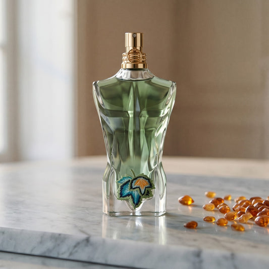 Jean Paul Gaultier Le Beau Paradise Garden on polished limestone with benzoin resin pebbles arranged loosely