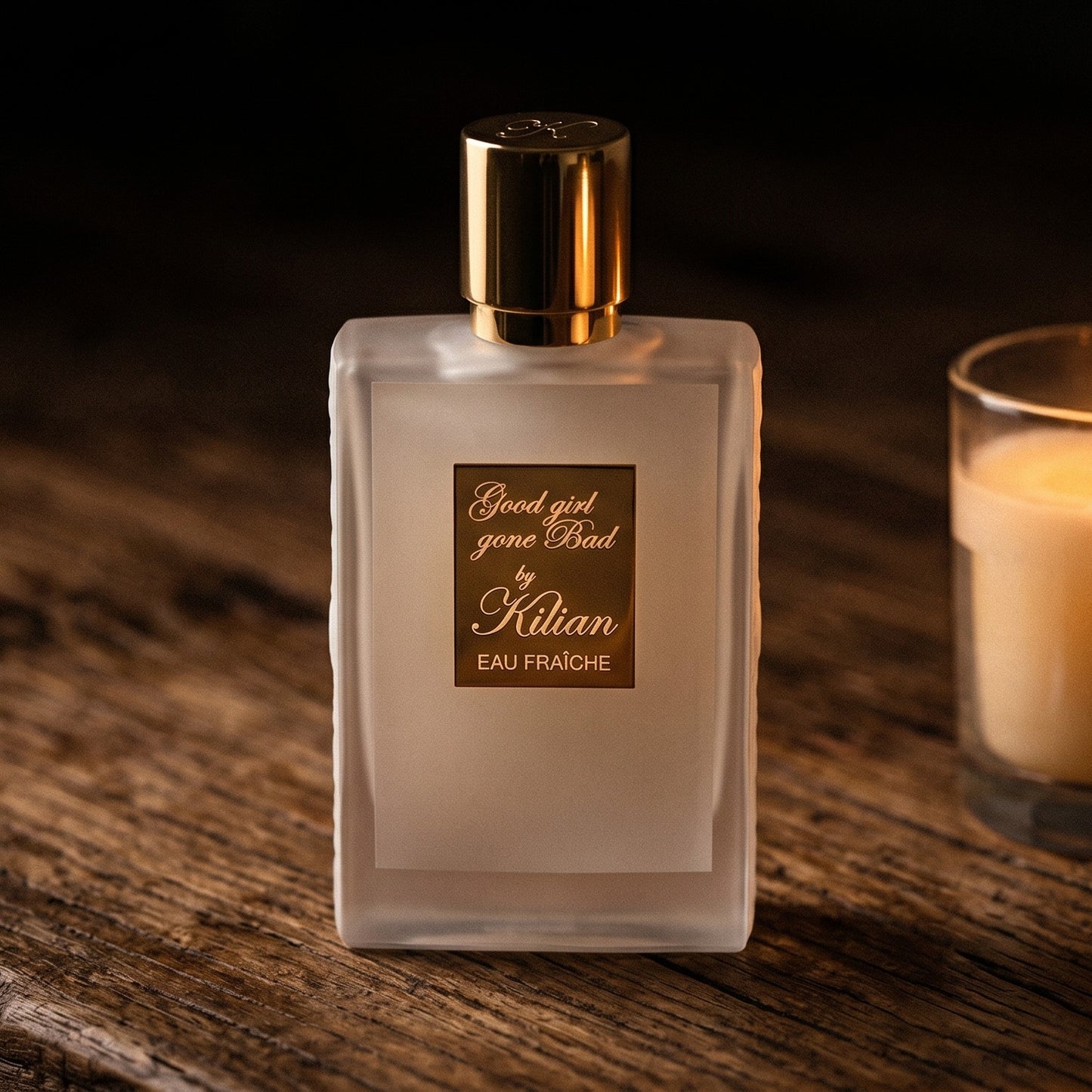 Kilian Good Girl Gone Bad EDP on aged maple with a slender candlestick and drifting smoke