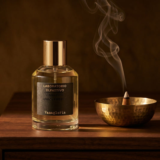 Laboratorio Olfattivo Vanagloria EDP on black marble with a tall brass incense holder, smoke trailing diagonally