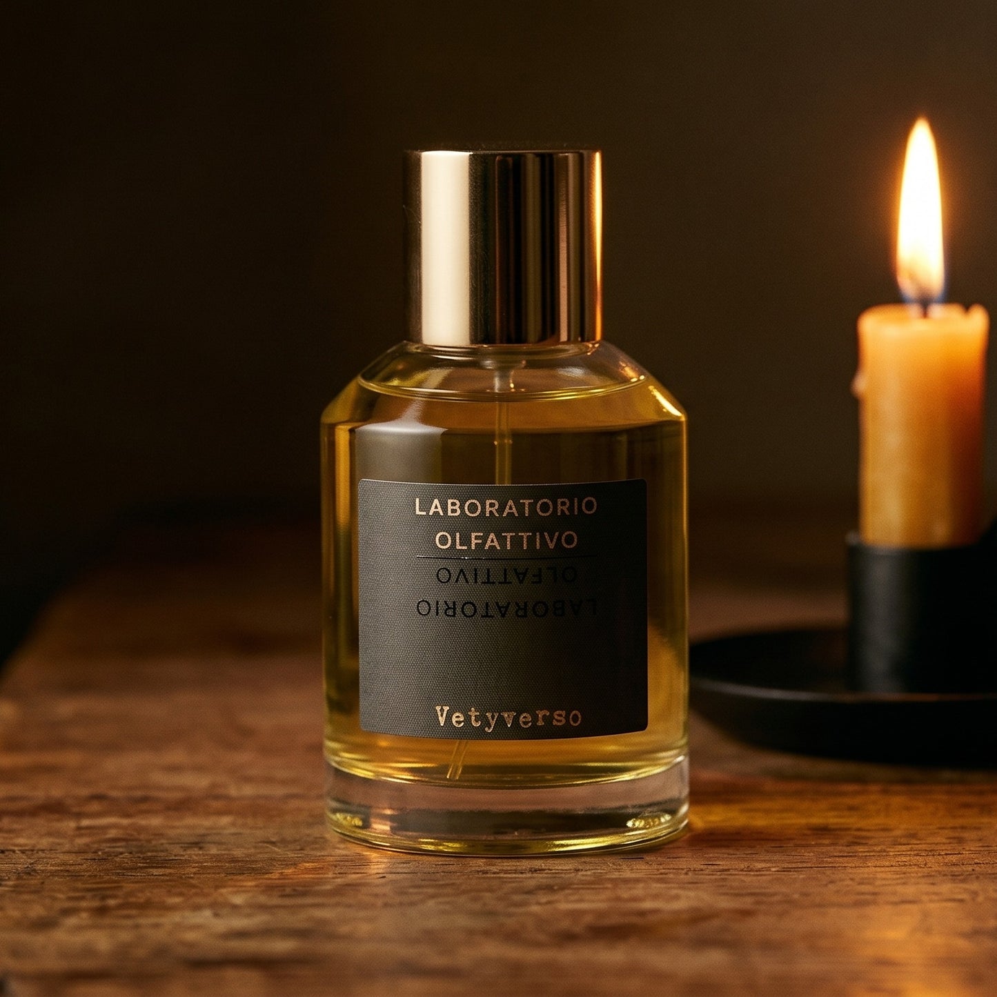 Laboratorio Olfattivo Vetyverso EDP on walnut side table with a pair of lit votives beside the bottle