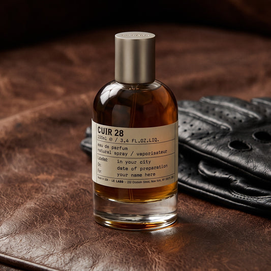 Le Labo Cuir 28 EDP - Dubai City Exclusive on worn dark brown leather with black leather driving gloves