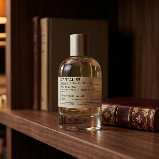 Le Labo Santal 33 EDP on dark walnut library shelf with a leather-bound book with gold foil