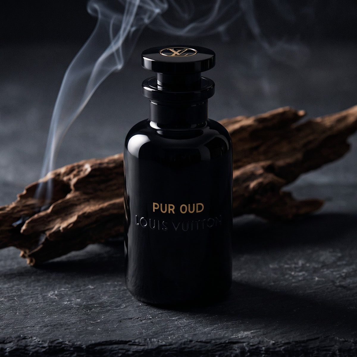 Louis Vuitton Pur Oud - Pure Perfumes on dark slate with incense smoke and agarwood