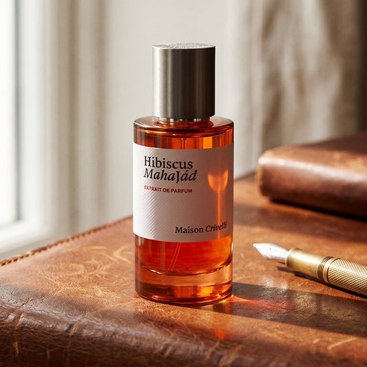 Maison Crivelli Hibiscus Mahajad EDP on mahogany leather tabletop with a polished brass stamp box