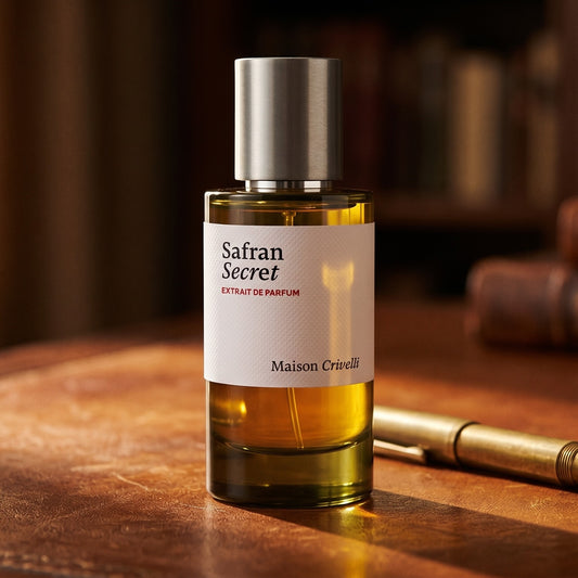 Maison Crivelli Safran Secret EDP on aged cognac-leather surface with a brass fountain pen resting beside it