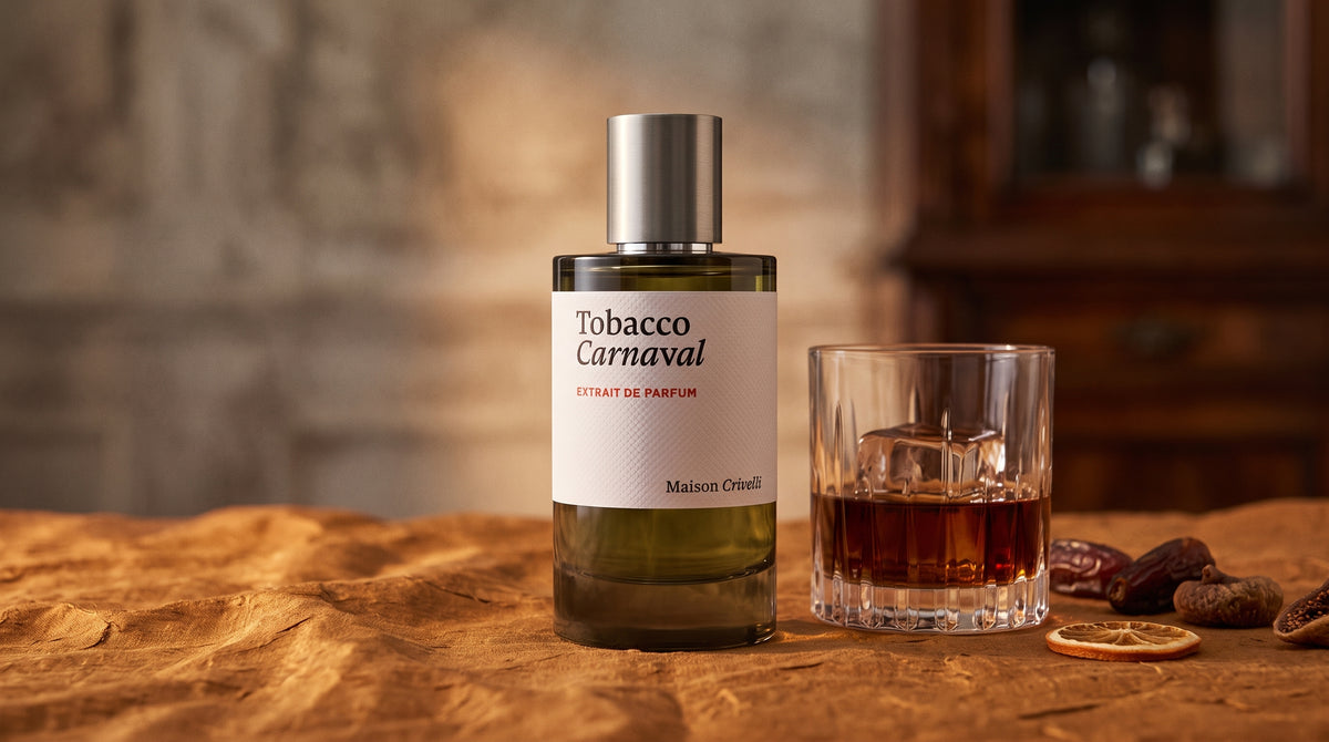 Maison Crivelli Tobacco Carnaval Extrait de Parfum on amber raw silk with a tumbler of dark rum and dried fruit