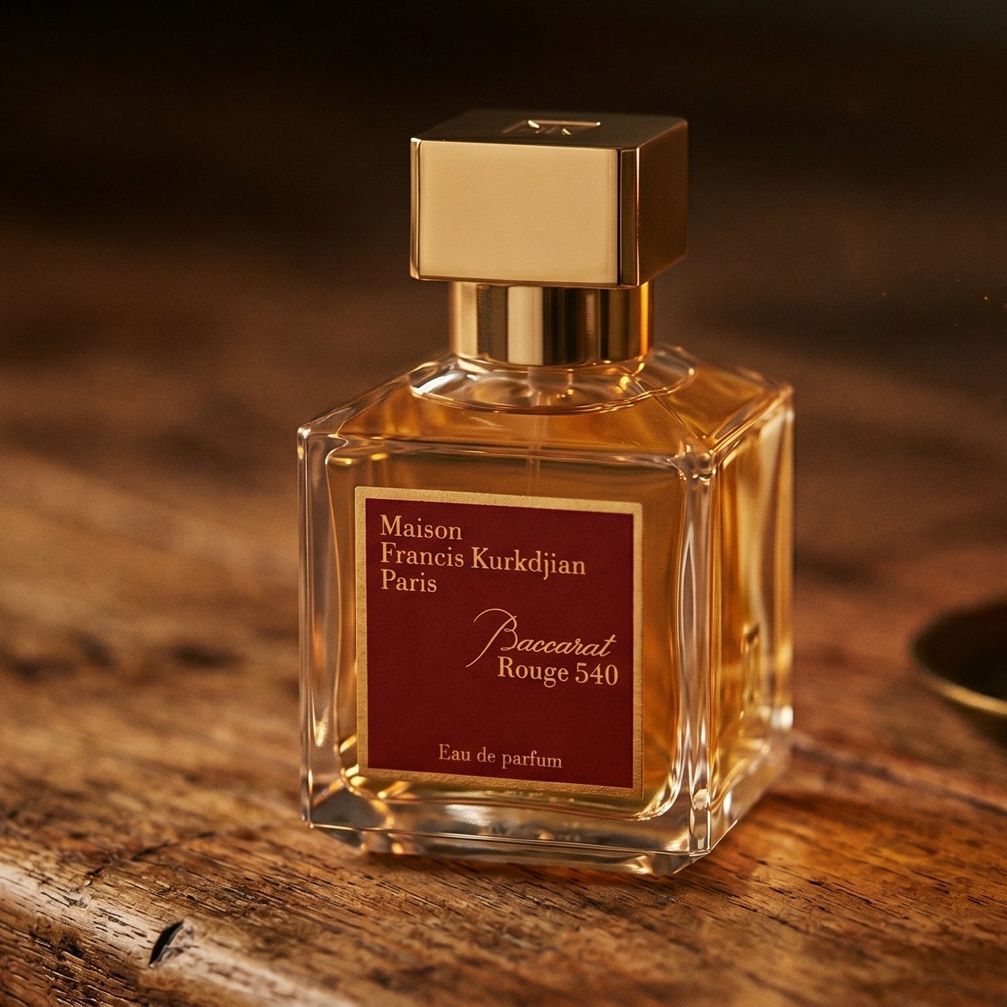 Maison Francis Kurkdjian (MFK) Baccarat Rouge 540 on aged maple with a slender candlestick and drifting smoke
