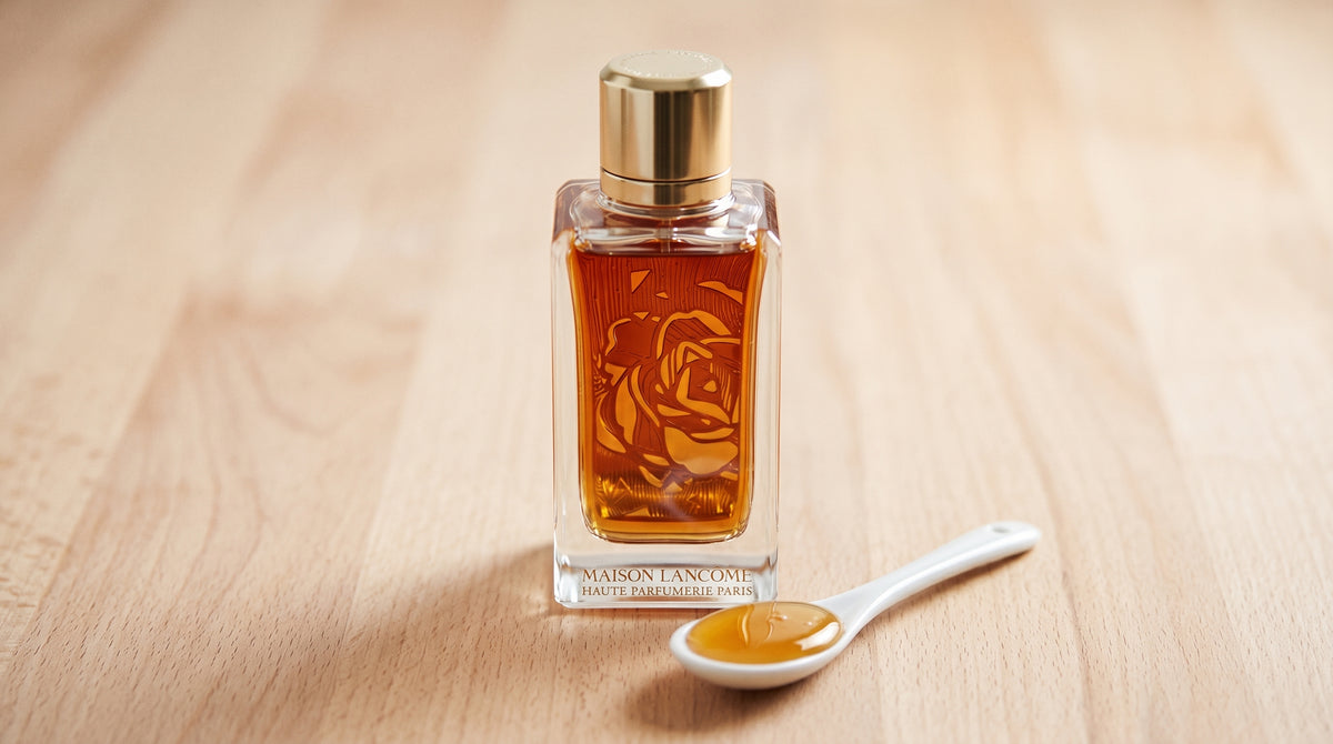 Maison Lancome Oud Bouquet EDP on pale beech wood with a small porcelain spoon with honey