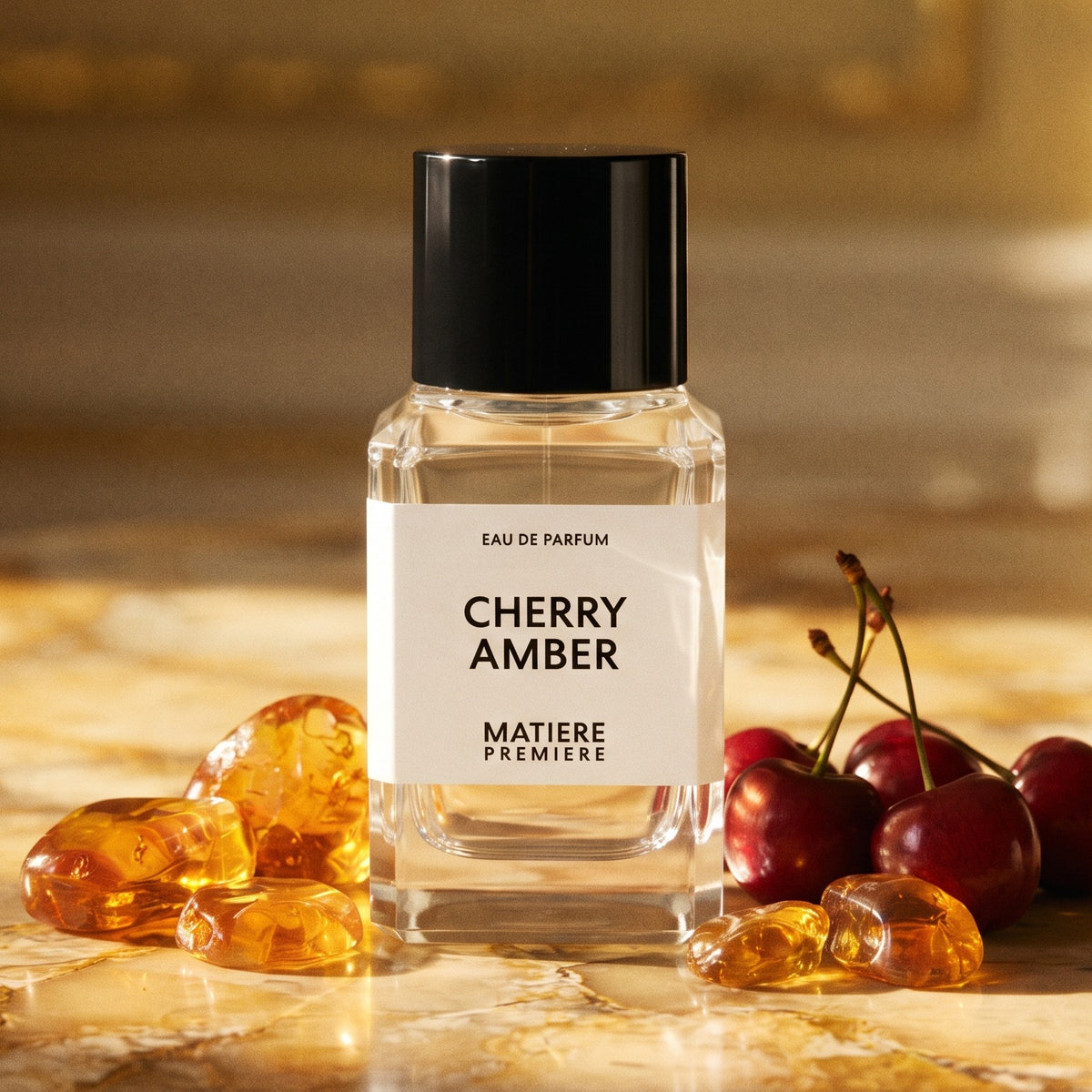 Matiere Premiere Cherry Amber EDP on warm honey toned marble with amber resin and cherries