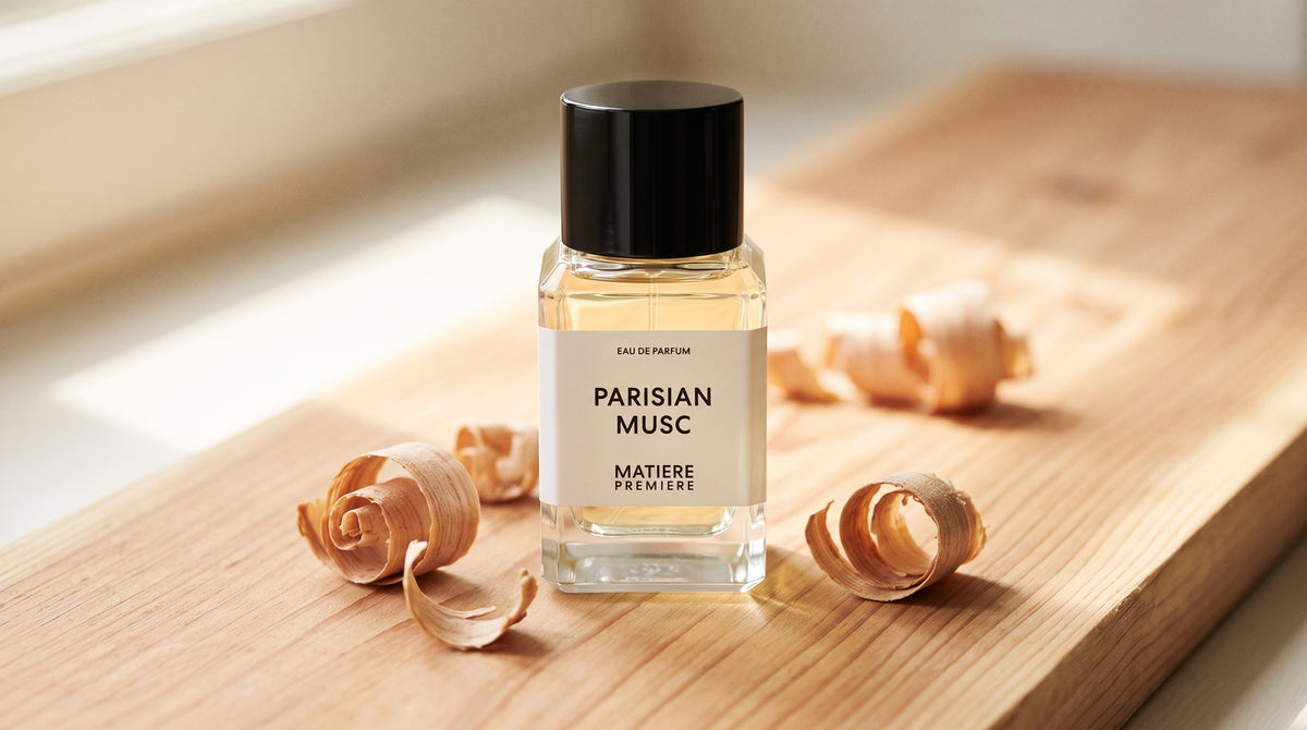 Matiere Premiere Parisian Musc EDP on light cedar board with a few curls of cedar shavings