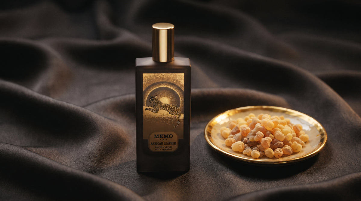 Memo Paris African Leather EDP on charcoal silk with frankincense resin granules in a small saucer