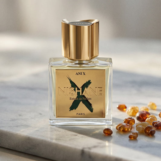 Nishane Ani N(X) Extrait Parfume on pale sandstone with golden amber shards catching the light
