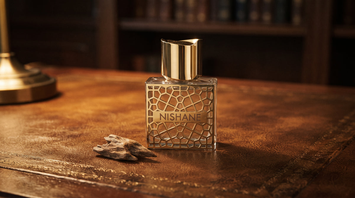 Nishane Hacivat Oud Extrait de Parfum on aged leather-topped desk with a single agarwood chip beside the bottle