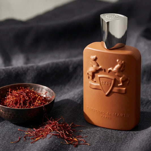 Parfums de Marly Althair EDP on slate-grey fabric with a pinch of black peppercorns scattered