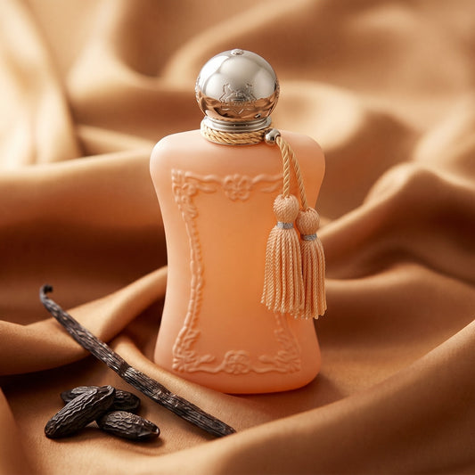 Parfums de Marly Cassili on honey-colored satin with a stick of cinnamon and vanilla pods