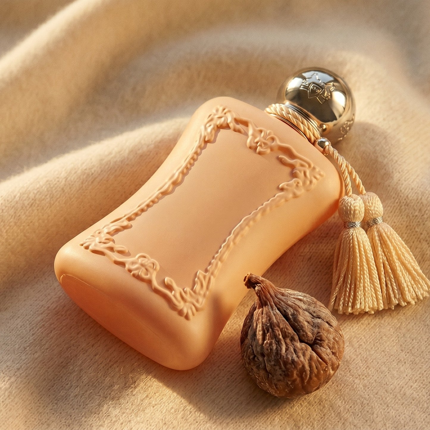 Parfums de Marly Cassili on beige wool with a halved dried date and a few almonds