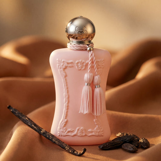 Parfums de Marly Delina EDP on cream-colored silk with a split vanilla bean and cocoa nibs