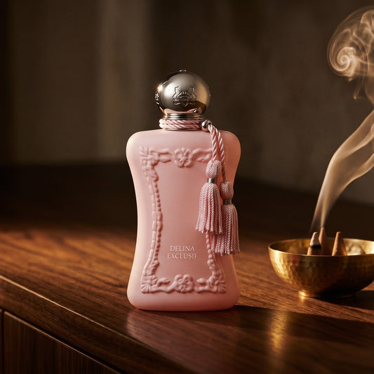 Parfums de Marly Delina Exclusif Parfum on black marble with a tall brass incense holder, smoke trailing diagonally