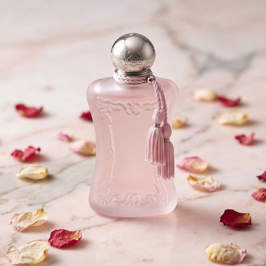 Parfums de Marly Delina la Rosee on pale peach marble with petals drifting from a single rose