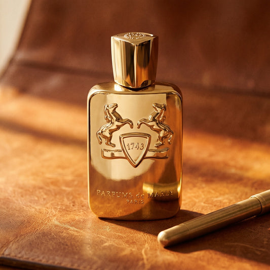 Parfums de Marly Godolphin on chestnut saddle-leather seat with a pair of leather gloves nearby