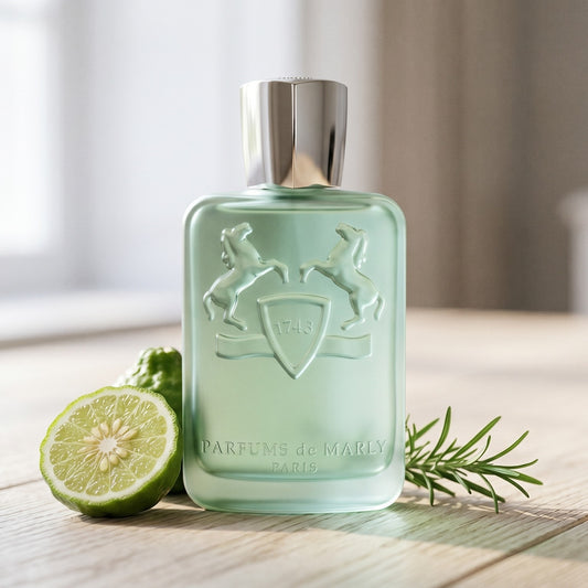 Parfums de Marly Greenley on pale maple with a scattered handful of yuzu peel ribbons