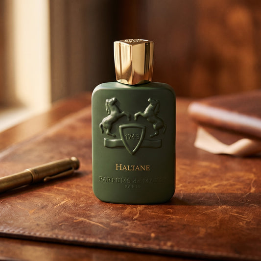 Parfums de Marly Haltane on worn tobacco leather desk with a leather-bound notebook lying open