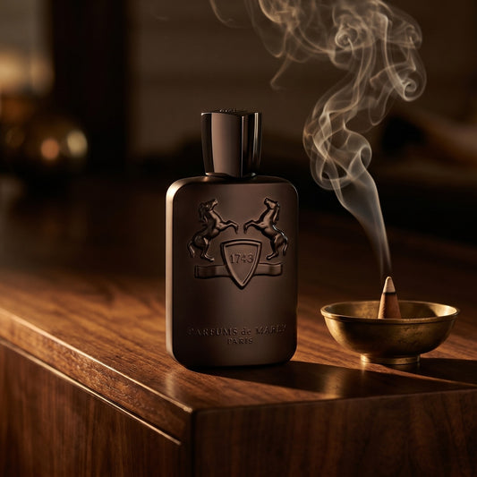 Parfums de Marly Herod on dark walnut console with a small brass incense bowl, smoke curling upward