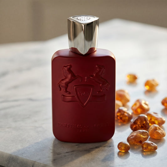 Parfums de Marly Kalan EDP on warm taupe marble with copal beads spilling from a small dish