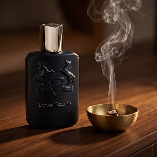 Parfums de Marly Layton Exclusif EDP on black marble with a tall brass incense holder, smoke trailing diagonally
