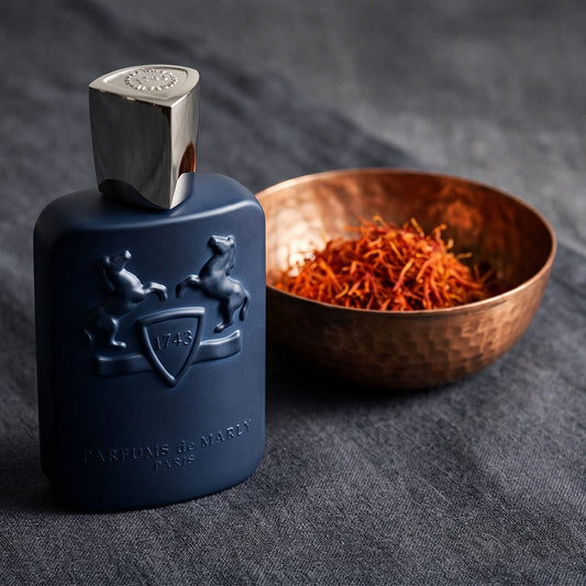 Parfums de Marly Layton on charcoal linen with a small copper bowl of saffron threads