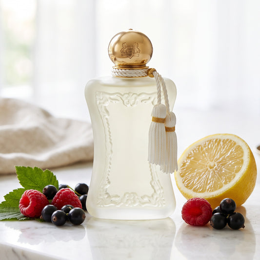 Parfums de Marly Meliora EDP on white marble with fresh raspberries and blackcurrants beside a halved lemon