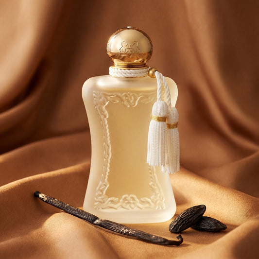 Parfums de Marly Meliora EDP on butter-yellow raw silk with a pair of tonka beans nearby