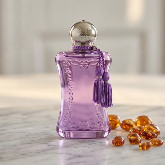 Parfums de Marly Palatine on polished limestone with benzoin resin pebbles arranged loosely